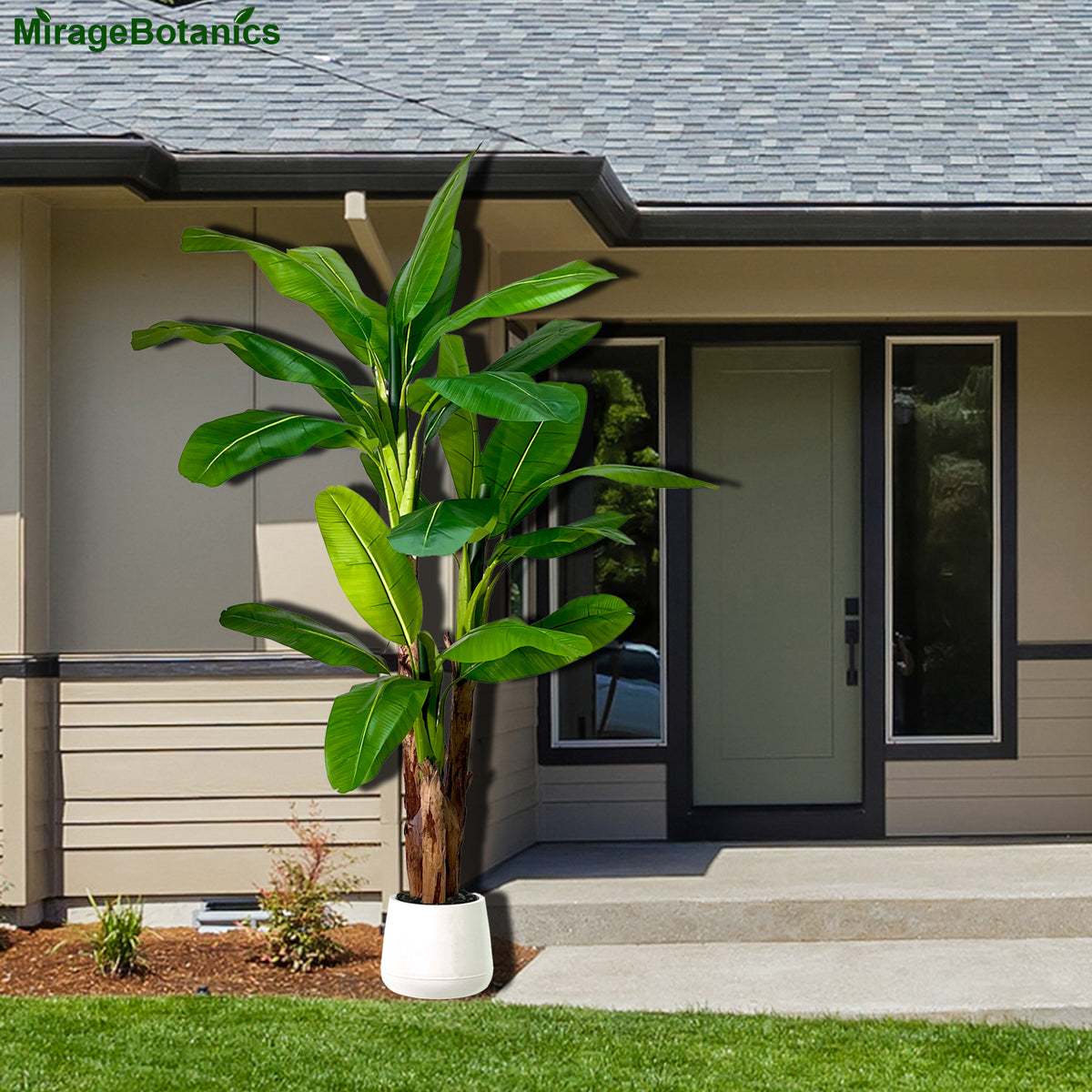 Artificial Banana 3 Trunks Tree Fake Leaf Plant Tall Tree Faux Banana Leaves with White UV Planter for Home Swimming Pool Outdoor Patio Tropical Decor
