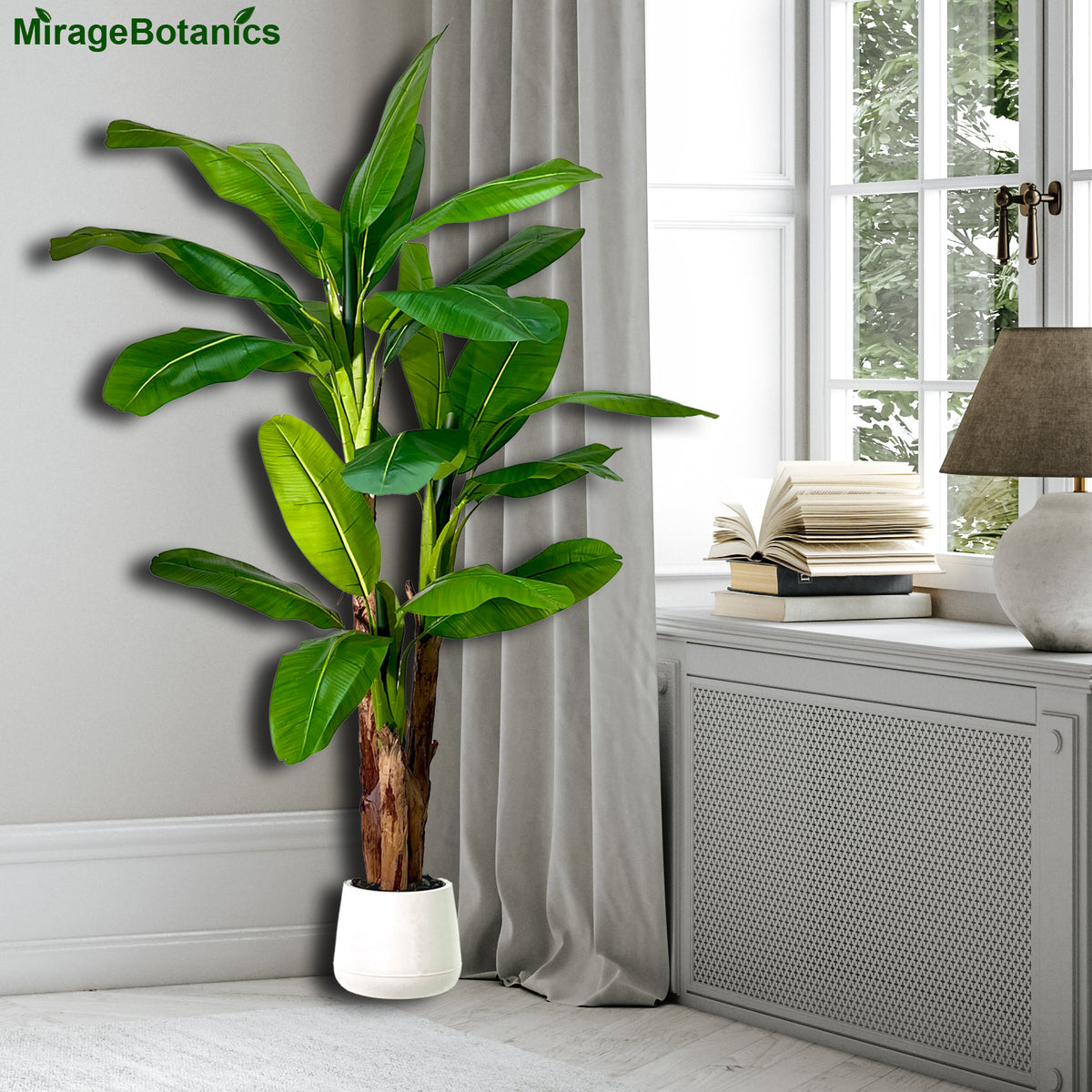 Artificial Banana 3 Trunks Tree Fake Leaf Plant Tall Tree Faux Banana Leaves with White UV Planter for Home Swimming Pool Outdoor Patio Tropical Decor