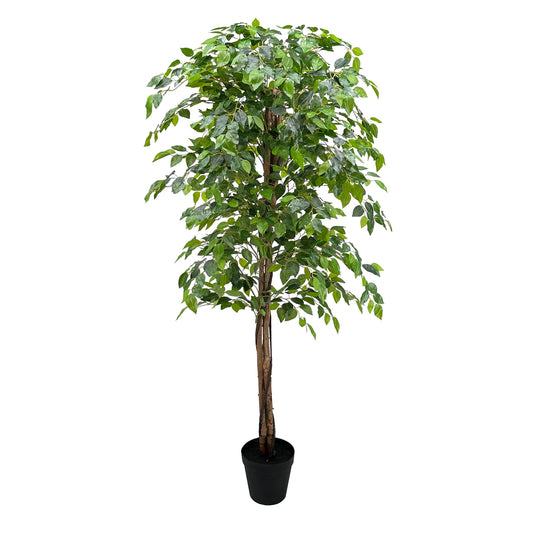 150cm Triple Trunk Artificial Ficus Tree with Natural Wood Trunks, Fake Tree for Indoor Home Décor, Faux Ficus Tree with Black Nursery Pot, Office Decor