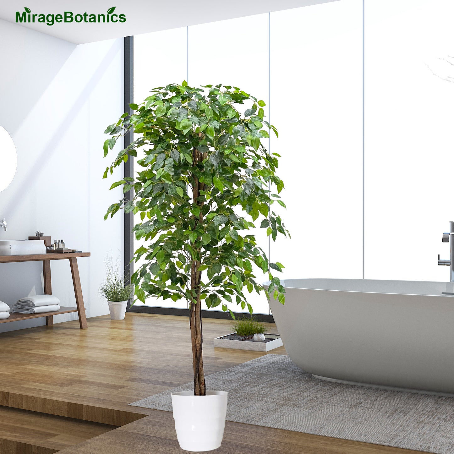 150cm Triple Trunk Artificial Ficus Tree with Natural Wood Trunks, Fake Tree for Indoor Home Décor, Faux Ficus Tree with Black Nursery Pot, Office Decor