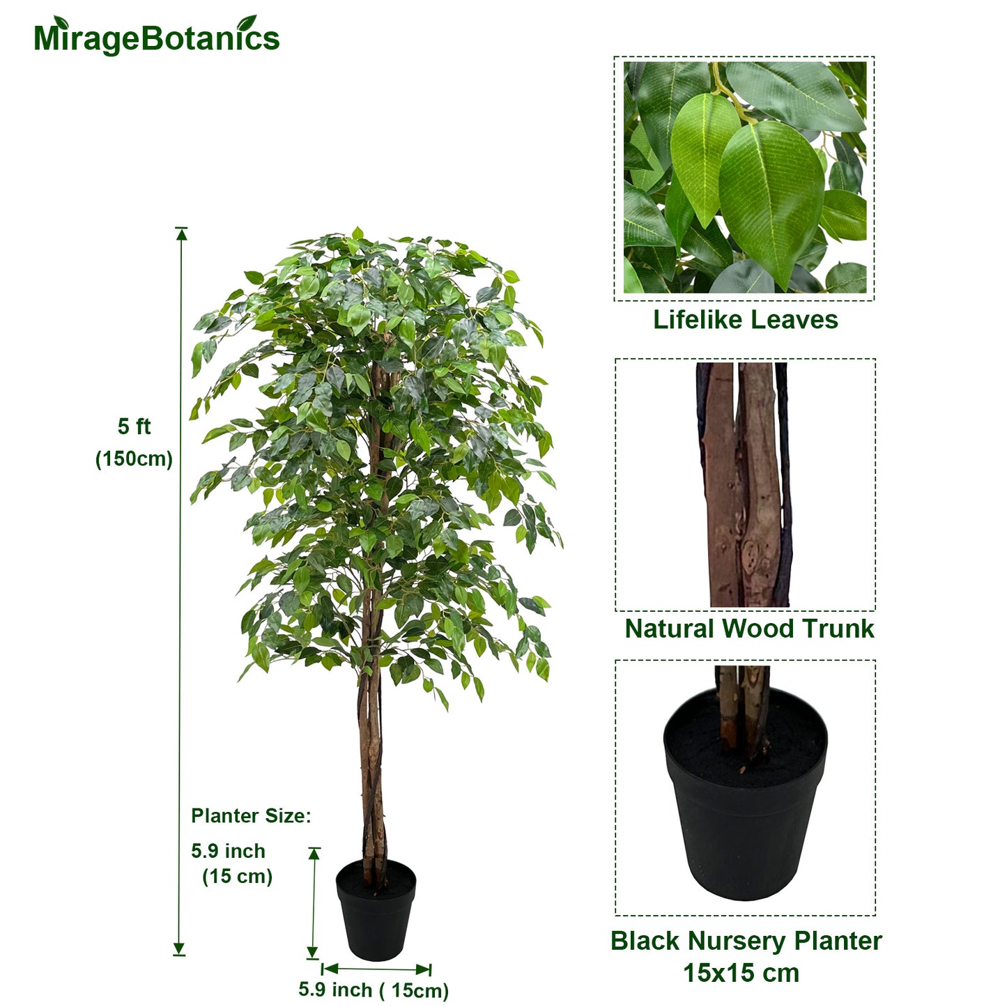 150cm Triple Trunk Artificial Ficus Tree with Natural Wood Trunks, Fake Tree for Indoor Home Décor, Faux Ficus Tree with Black Nursery Pot, Office Decor