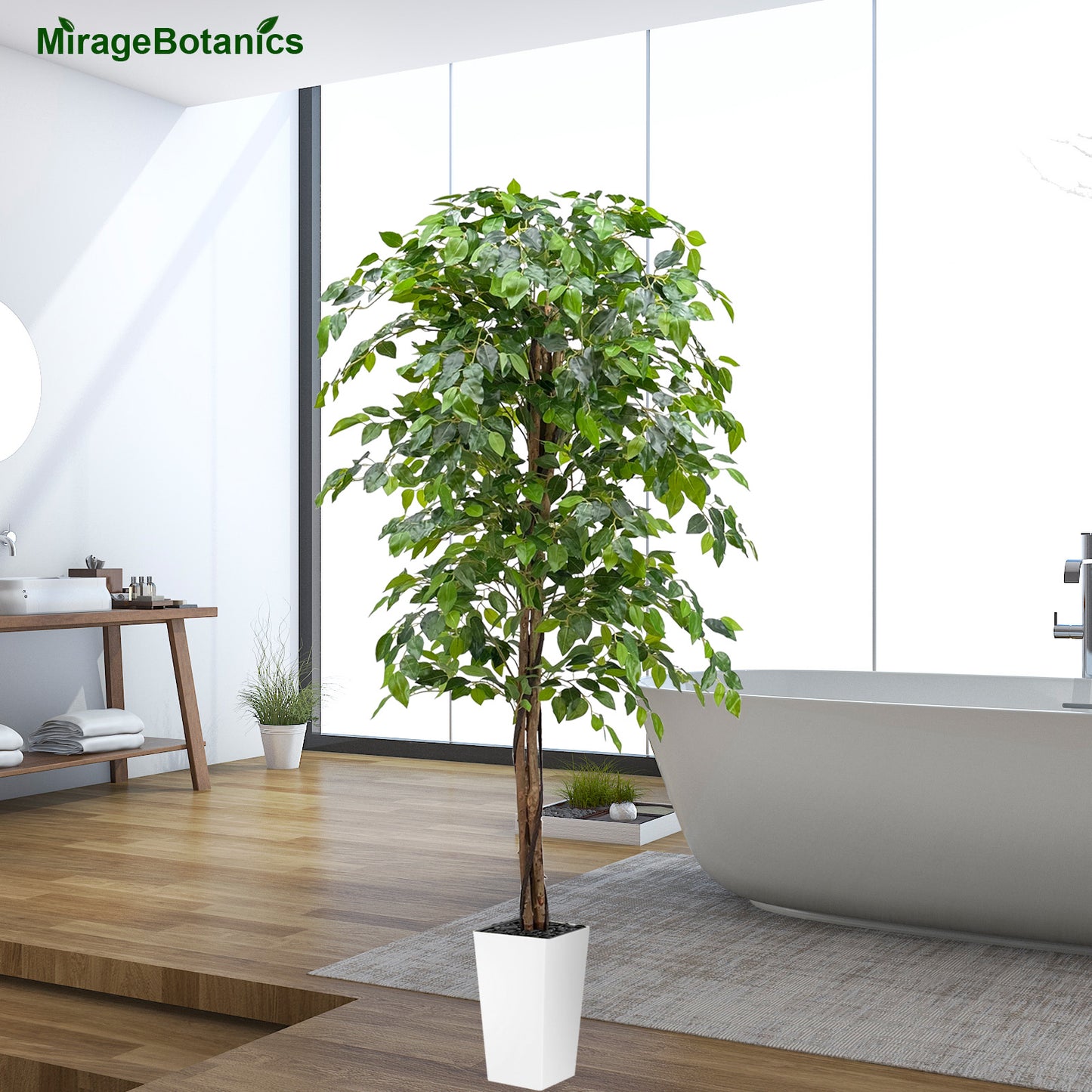 180cm Triple Trunk Artificial Ficus Tree with Natural Wood Trunks, Fake Tree for Indoor Home Décor, Faux Ficus Tree with Black Nursery Pot, Office Decor