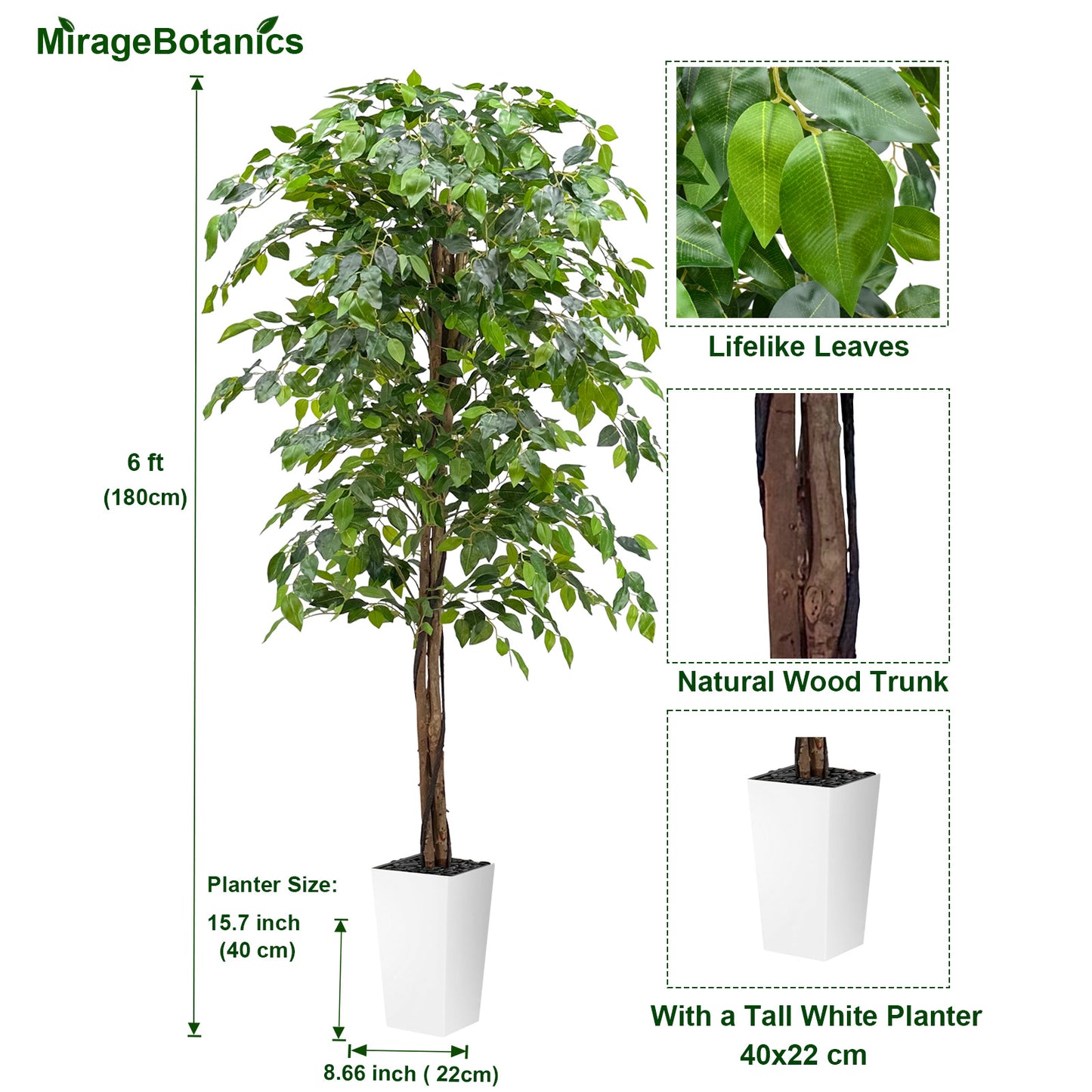 180cm Triple Trunk Artificial Ficus Tree with Natural Wood Trunks, Fake Tree for Indoor Home Décor, Faux Ficus Tree with Black Nursery Pot, Office Decor