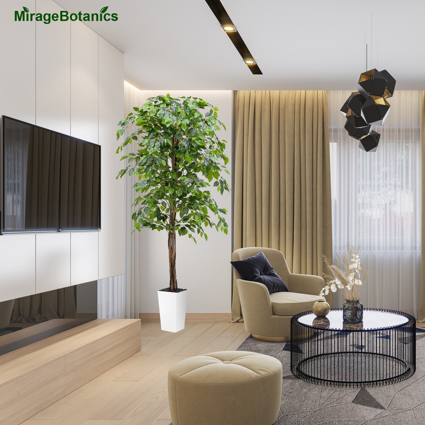 180cm Triple Trunk Artificial Ficus Tree with Natural Wood Trunks, Fake Tree for Indoor Home Décor, Faux Ficus Tree with Black Nursery Pot, Office Decor