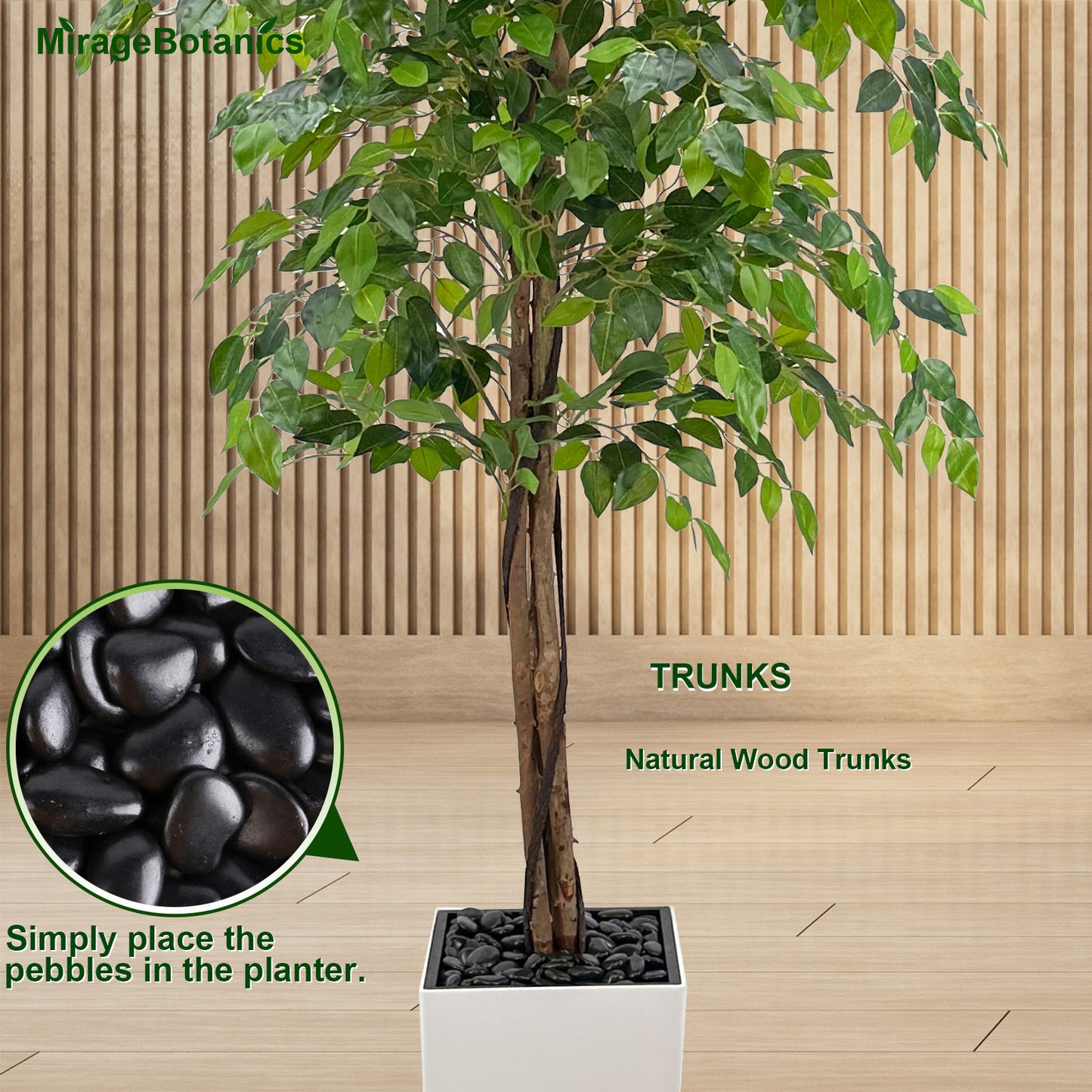 180cm Triple Trunk Artificial Ficus Tree with Natural Wood Trunks, Fake Tree for Indoor Home Décor, Faux Ficus Tree with Black Nursery Pot, Office Decor