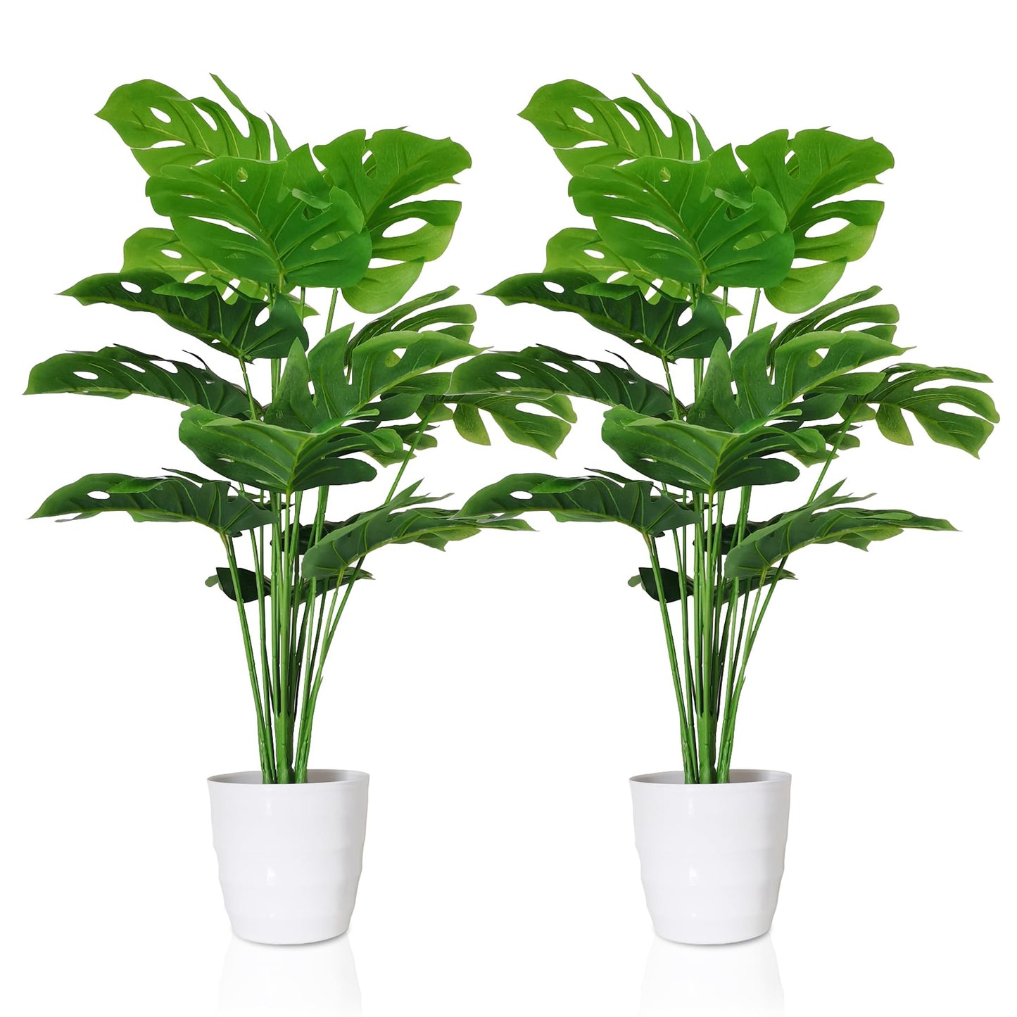 Set of 2 Artificial Monstera Deliciosa Plant - 28Inch Faux Tropical Palm Tree with White Tall Planter