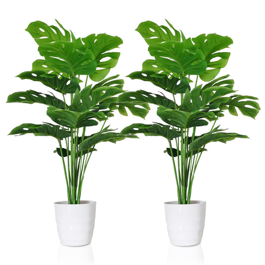 Set of 2 Artificial Monstera Deliciosa Plant - 28Inch Faux Tropical Palm Tree with White Tall Planter