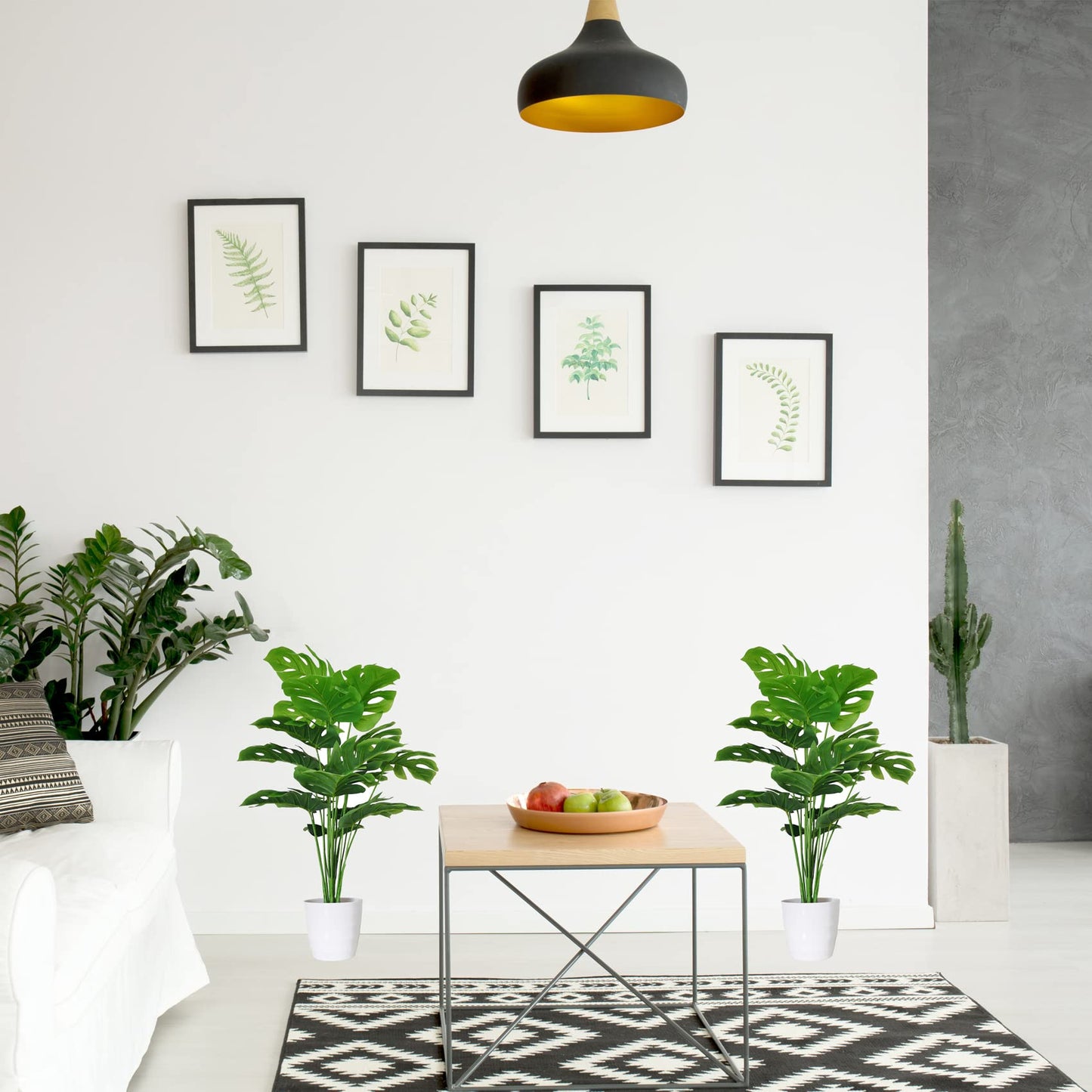 Set of 2 Artificial Monstera Deliciosa Plant - 28Inch Faux Tropical Palm Tree with White Tall Planter