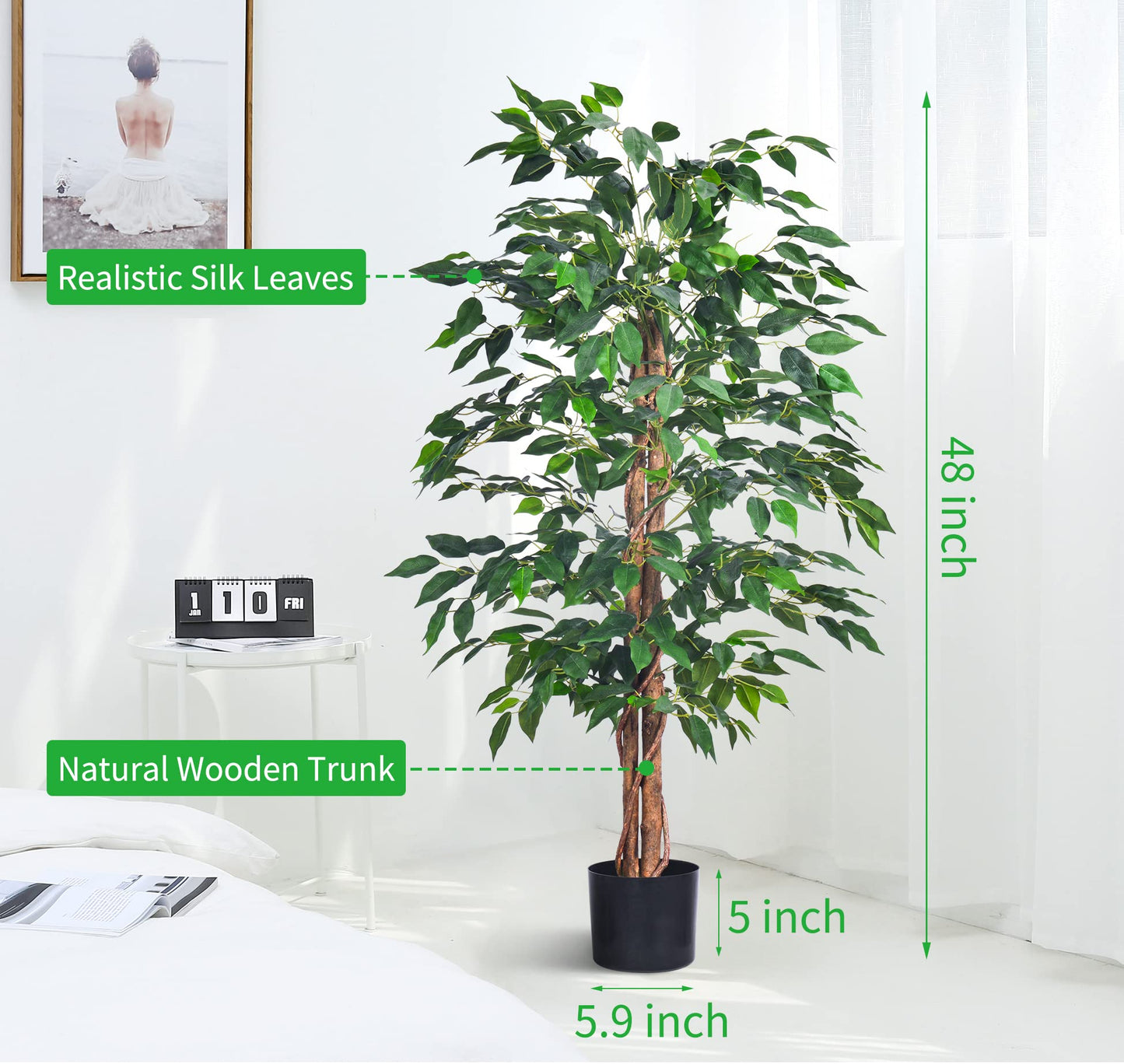 Artificial Ficus Tree 4FT/5FT/6FT Faux Silk Plants with Sturdy Plastic Nursery Pot