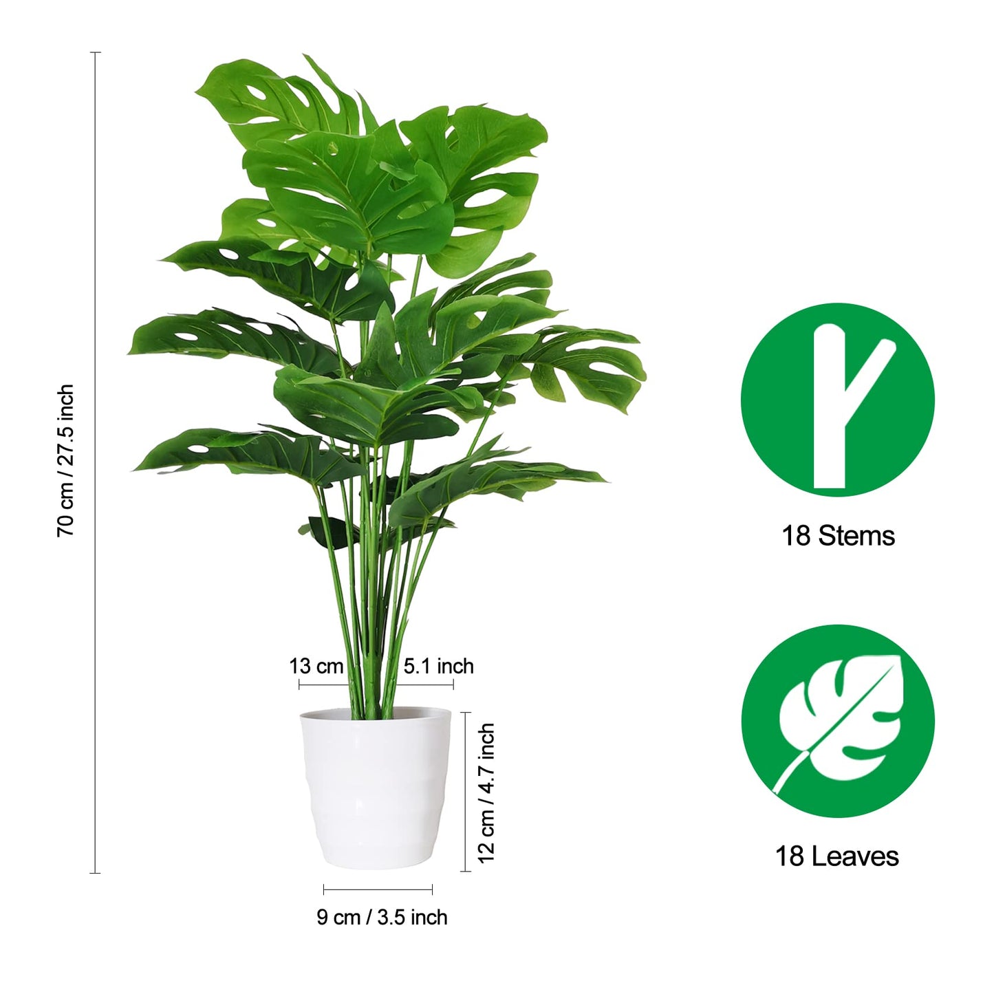 Set of 2 Artificial Monstera Deliciosa Plant - 28Inch Faux Tropical Palm Tree with White Tall Planter