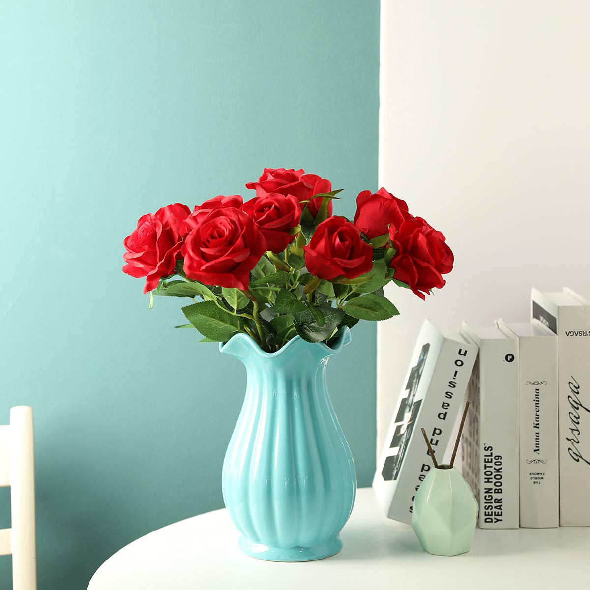 12PCS Artificial Silk Flowers Realistic Roses Bouquet Long Stem for Home