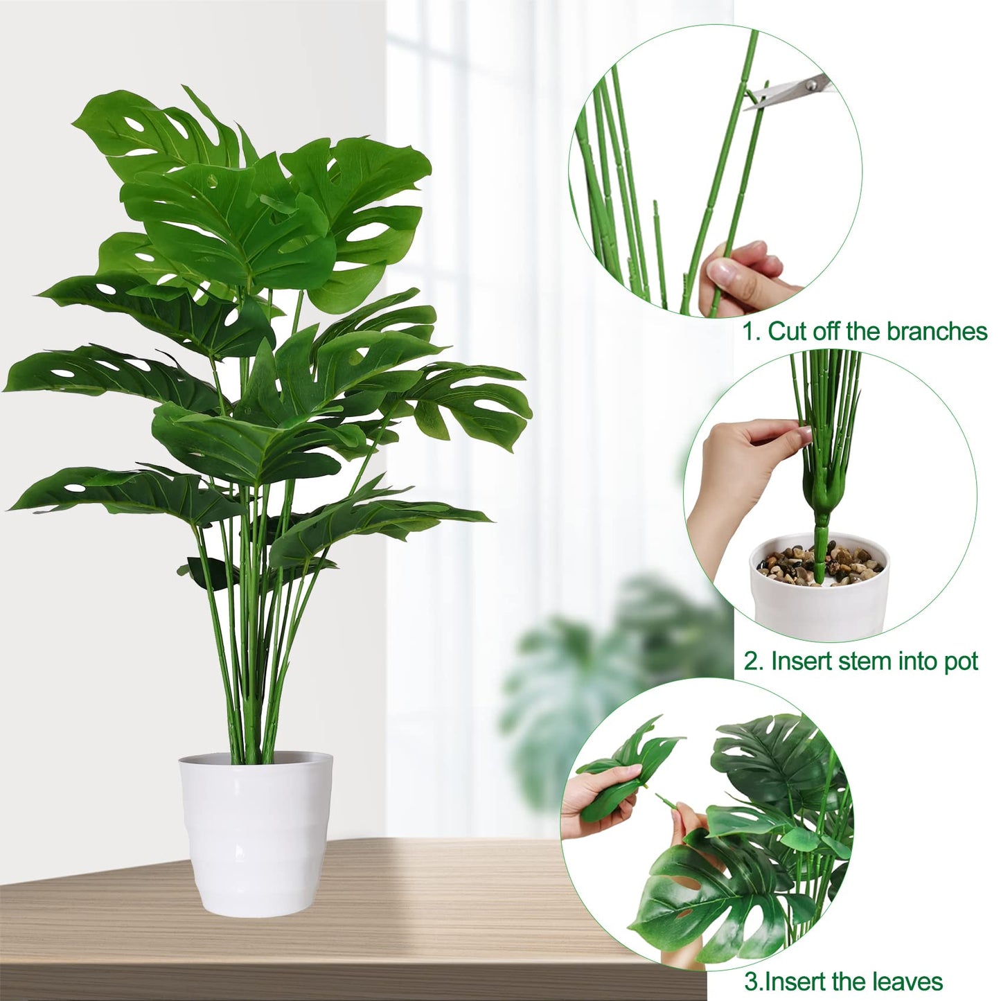 Set of 2 Artificial Monstera Deliciosa Plant - 28Inch Faux Tropical Palm Tree with White Tall Planter