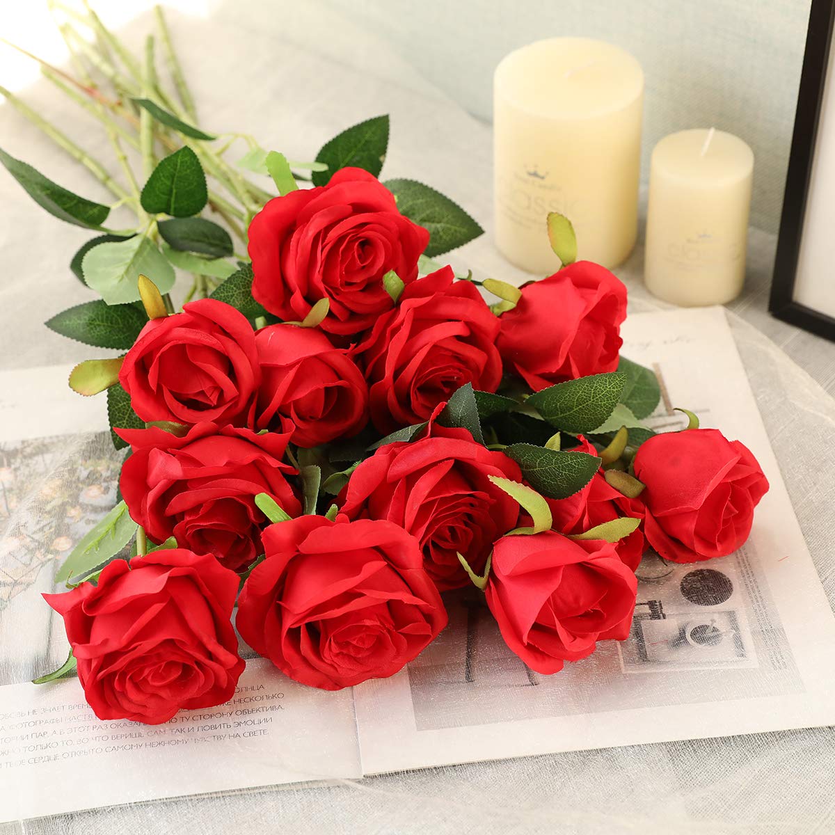 12PCS Artificial Silk Flowers Realistic Roses Bouquet Long Stem for Home