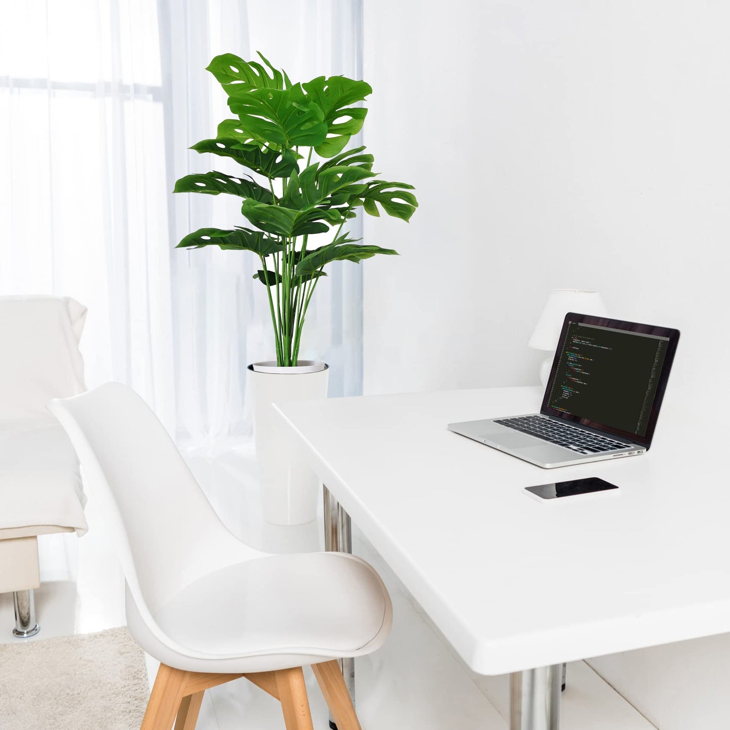 Set of 2 Artificial Monstera Deliciosa Plant - 28Inch Faux Tropical Palm Tree with White Tall Planter